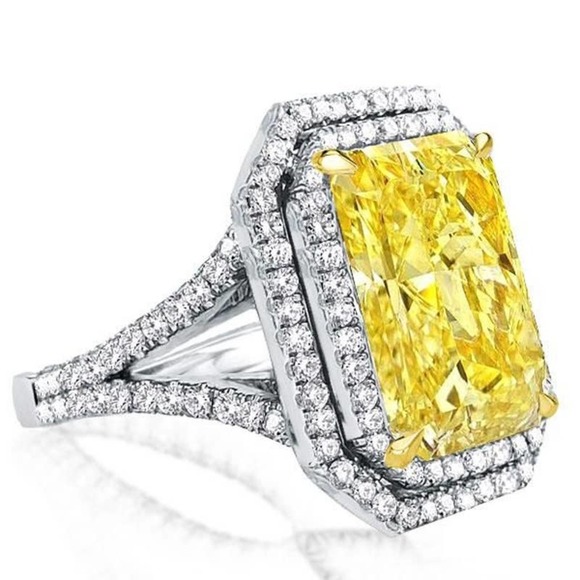 Italo Split Shank Radiant Cut Yellow Double Halo Ring - Picture 2 of 10